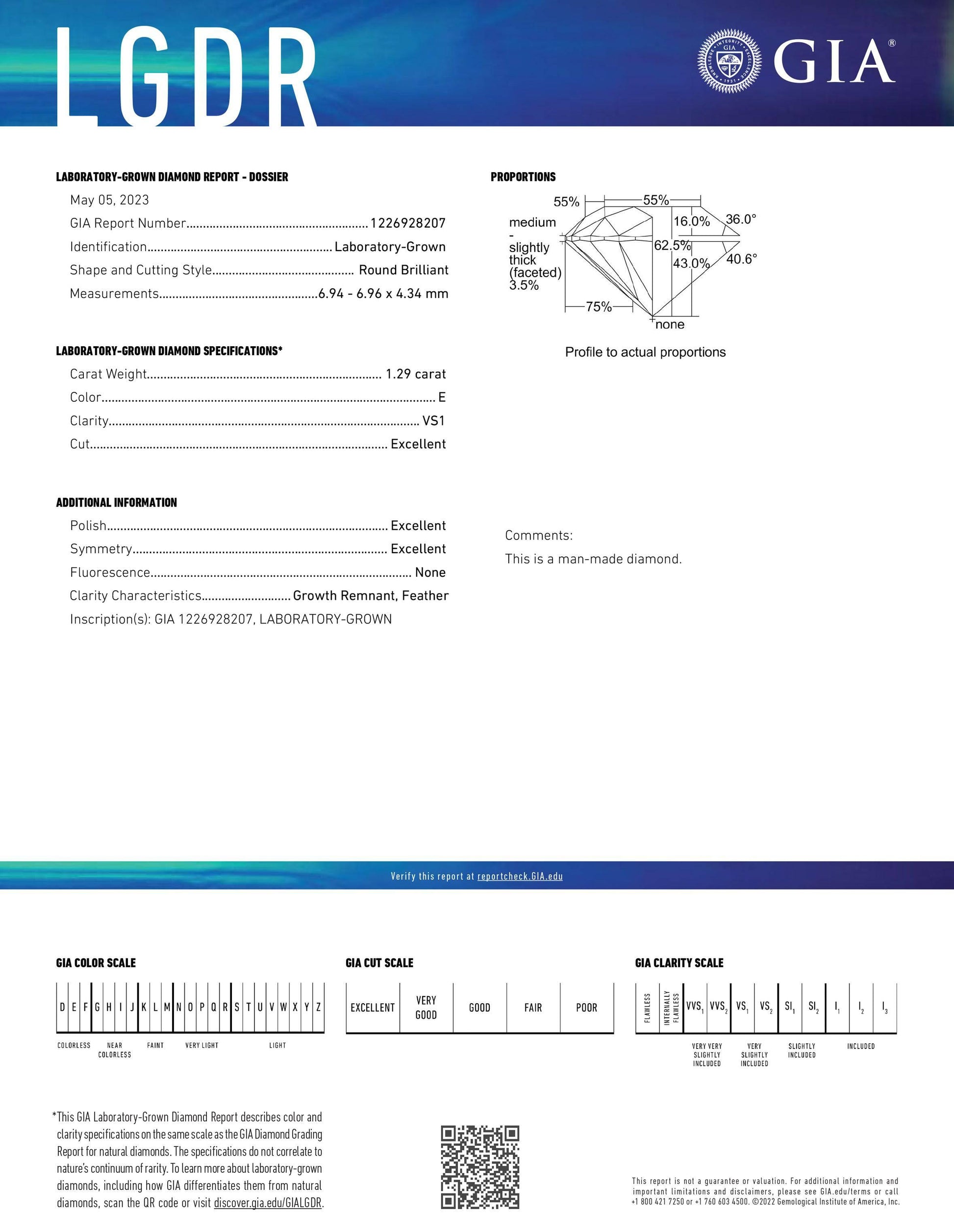 1.29 Carat Lab Created Round Brilliant Solitaire Engagement Ring - Shape of Brilliant